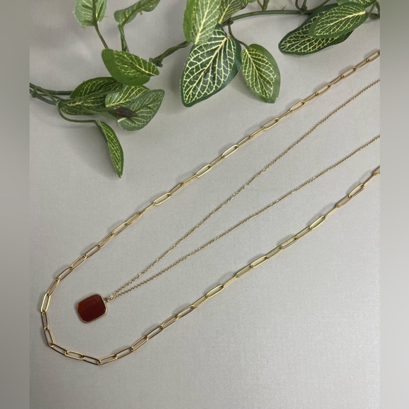 Red & Gold Elegant Pendant Layered Necklace, Red Natural Stone Pendant Necklace - Picture 12 of 14